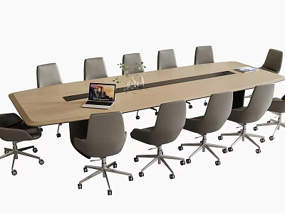 Modern Office Conference Table With Swivel Chairs Laptop And Flower Vase 3d model