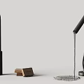 Multiple Modern Black Faucets with Water Flowing Soap Dispenser and Wooden Block