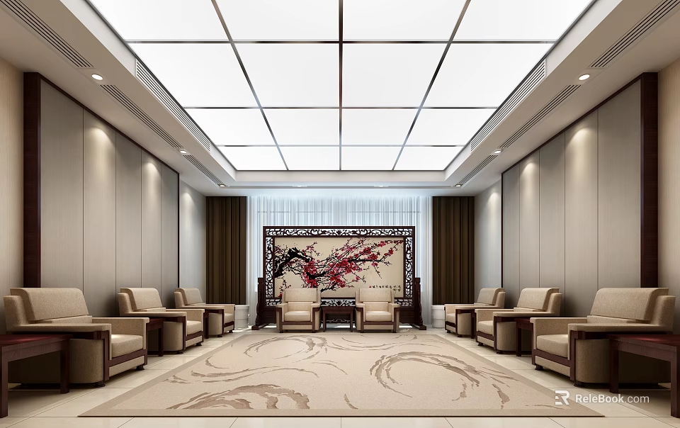 Elegant Hotel Public Lounge Interior With Beige Sofas Patterned Carpet And Red Flower Decorative Screen 3d model