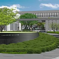 Modern Garden Landscape Design With Green Lawn Curved Paths Trees And Buildings
