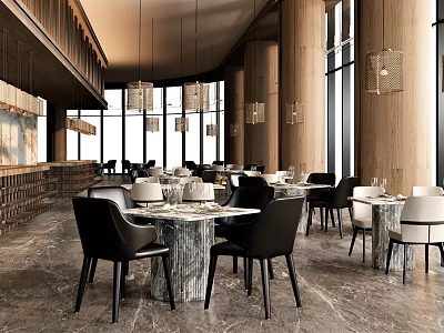 Modern Restaurant Interior With Marble Dining Tables Black Chairs And Pendant Lights 3d model