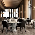 Modern Restaurant Interior With Marble Dining Tables Black Chairs And Pendant Lights