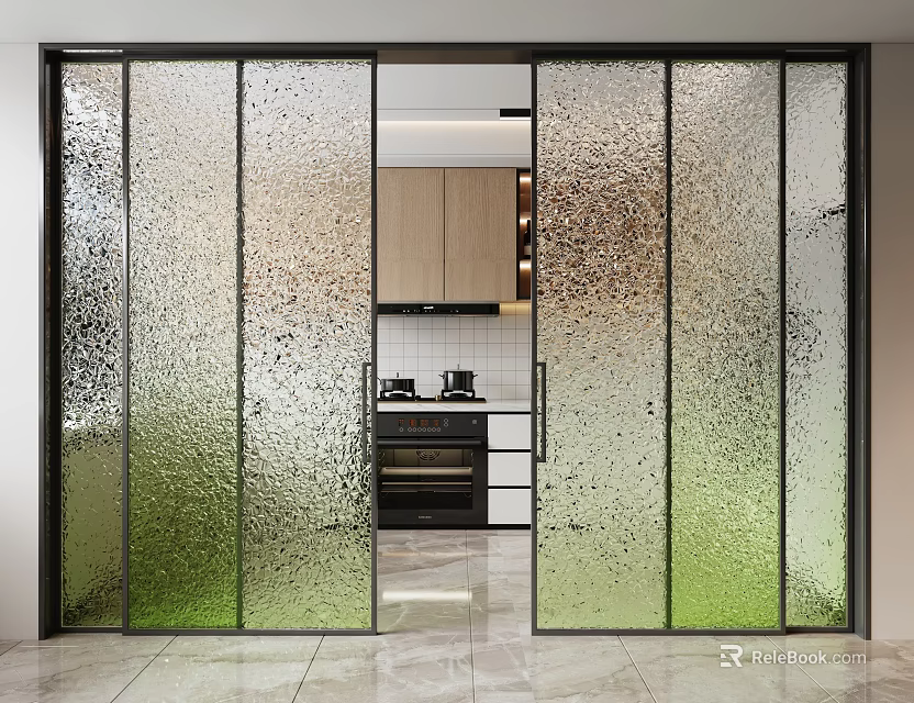 Modern Sliding Doors With Frosted Green Tinted Glass And Kitchen Cabinets Background 3d model 
