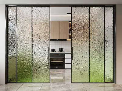 Modern Sliding Doors With Frosted Green Tinted Glass And Kitchen Cabinets Background 3d model
