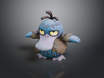 Blue Stitched Cartoon Character 3D Model With Yellow Eyes Brown Cloak And Buttons 3d model