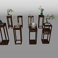 Traditional Wooden Flower Stands With Various Designs Holding Plants And Decorations