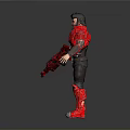 Detailed Male Warrior In Red Armor Holding Weapon Standing On Gray Background
