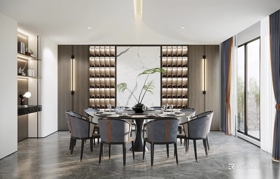 Modern Private Dining Room Interior With Round Table Chairs Wine Racks And Green Plant 3d model 