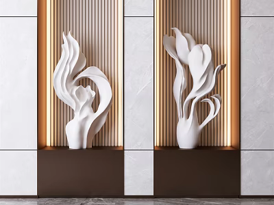 White Abstract Sculptures on Brown Display Stand with Golden Light Strips and Light Wall Background 3d model