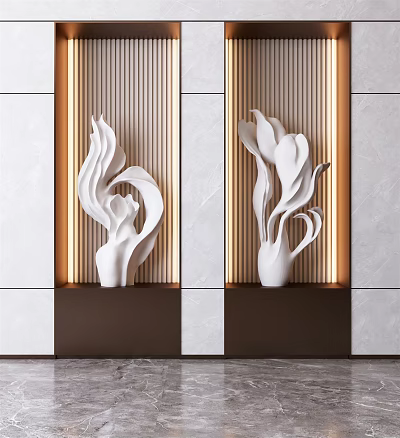 White Abstract Sculptures on Brown Display Stand with Golden Light Strips and Light Wall Background 3d model