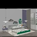 Kids Bed With Cloud Shaped Shelves Green Tree Decor And Leaf Patterned Linens