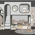 Modern Kids Room Interior With Bunk Bed Circular Windows Stuffed Toys And Building Blocks