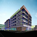 Modern Multi Story Office Building Exterior With Glass Windows And Green Trees