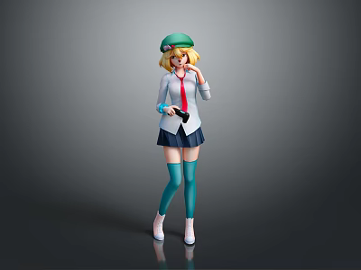 Anime School Girl Character With Green Cap Blonde Hair White Shirt Red Tie And Blue Skirt 3d model