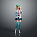 Anime School Girl Character With Green Cap Blonde Hair White Shirt Red Tie And Blue Skirt