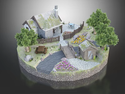 Charming Cartoon Scene With Cottage Chimney Fence Stream Wooden Bridge Trees And Flowers 3d model