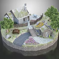 Charming Cartoon Scene With Cottage Chimney Fence Stream Wooden Bridge Trees And Flowers