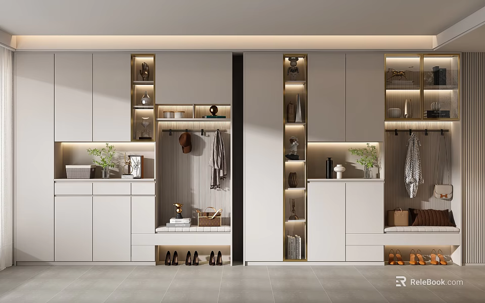 Modern White Shoe Cabinet Design With Storage Lighting Clothing Hanging And Plants In Entryway 3d model 