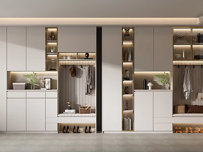 Modern White Shoe Cabinet Design With Storage Lighting Clothing Hanging And Plants In Entryway 3d model