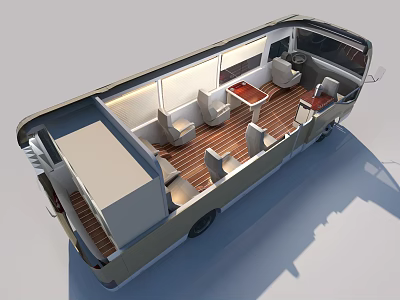 Luxury Bus Interior Design With Comfortable Seats Wooden Flooring And Spacious Layout 3d model