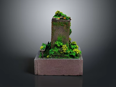 Miniature Tower Model With Moss Covered Structure And Surrounding Green Plants 3d model