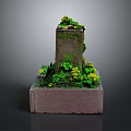 Miniature Tower Model With Moss Covered Structure And Surrounding Green Plants