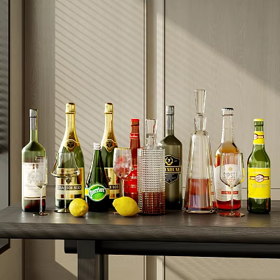 Various Wine Bottles and Glasses Arranged on Table with Lemons in Modern Interior 3d model