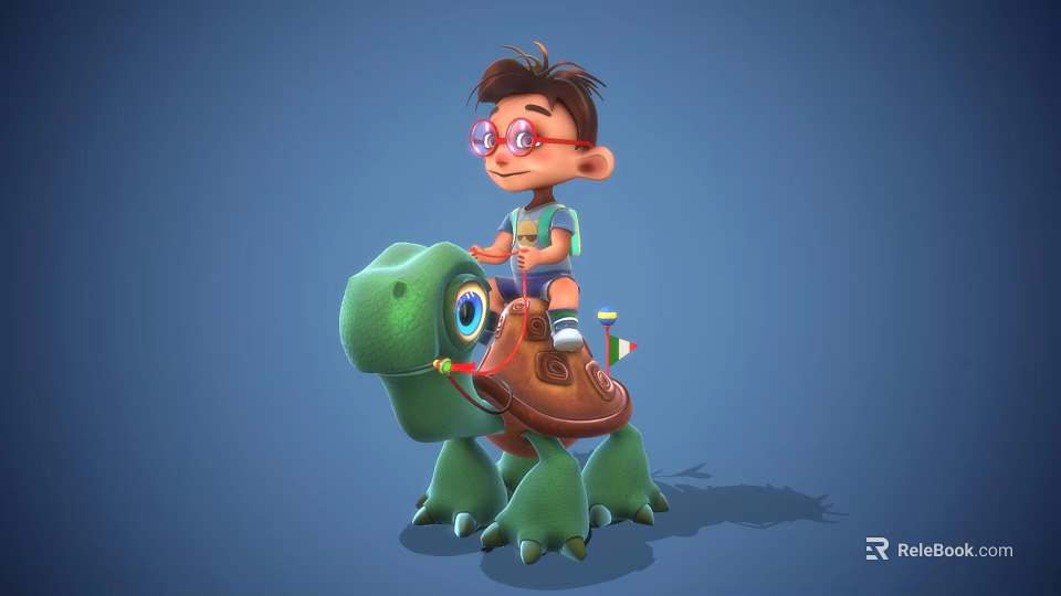 Boy With Red Glasses Riding Large Green Turtle With Brown Shell 3d model 