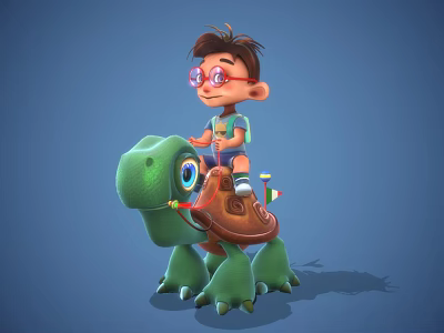Boy With Red Glasses Riding Large Green Turtle With Brown Shell 3d model