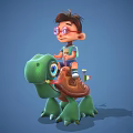 Boy With Red Glasses Riding Large Green Turtle With Brown Shell 3d model