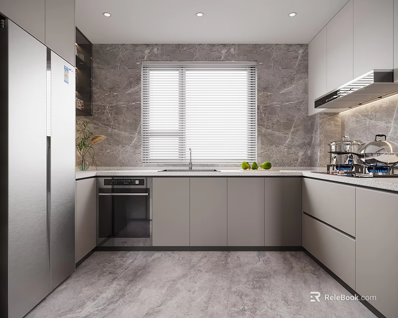Modern Kitchen Interior With Gray Cabinets Stainless Steel Refrigerator Marble Wall And Window Blinds 3d model 