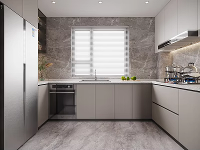 Modern Kitchen Interior With Gray Cabinets Stainless Steel Refrigerator Marble Wall And Window Blinds 3d model