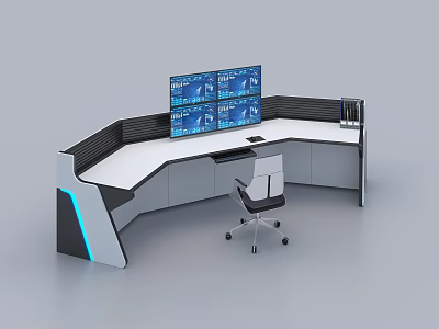Modern L Shaped Office Desk With Multiple Monitors Blue Accents And Ergonomic Chair 3d model