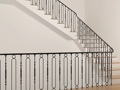 Modern Wrought Iron Staircase Railing With Wooden Steps And White Walls 3d model