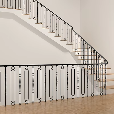 Modern Wrought Iron Staircase Railing With Wooden Steps And White Walls 3d model