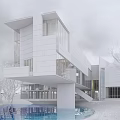 Modern Detached Villa With Cantilevered Structure Large Glass Windows And Water Feature Surrounding Trees
