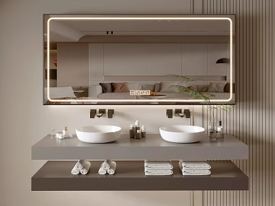 Modern Bathroom Vanity with Double Sinks Backlit Frameless Mirror and Storage Shelf Holding Towels 3d model
