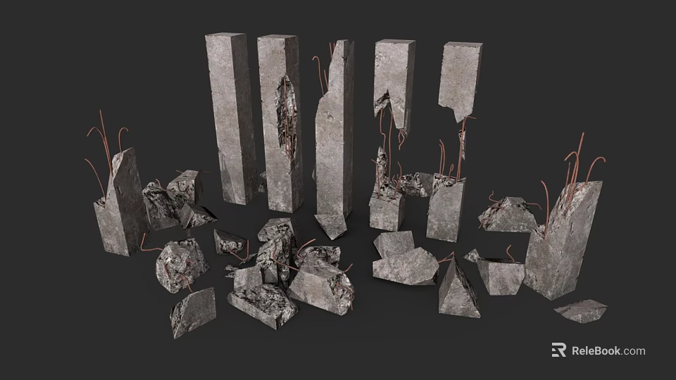 Damaged Concrete Pillars With Scattered Broken Debris And Exposed Steel Rebar 3d model 