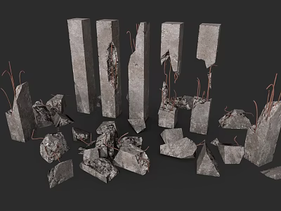 Damaged Concrete Pillars With Scattered Broken Debris And Exposed Steel Rebar 3d model