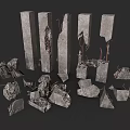 Damaged Concrete Pillars With Scattered Broken Debris And Exposed Steel Rebar