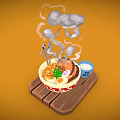 Red And White Ceramic Ramen Bowl On Wooden Tray With Blue Food Skill Cup