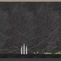 Gray Background Wall With Golden Wave Lines White Vertical Text And Decorative Rockery Green Plants