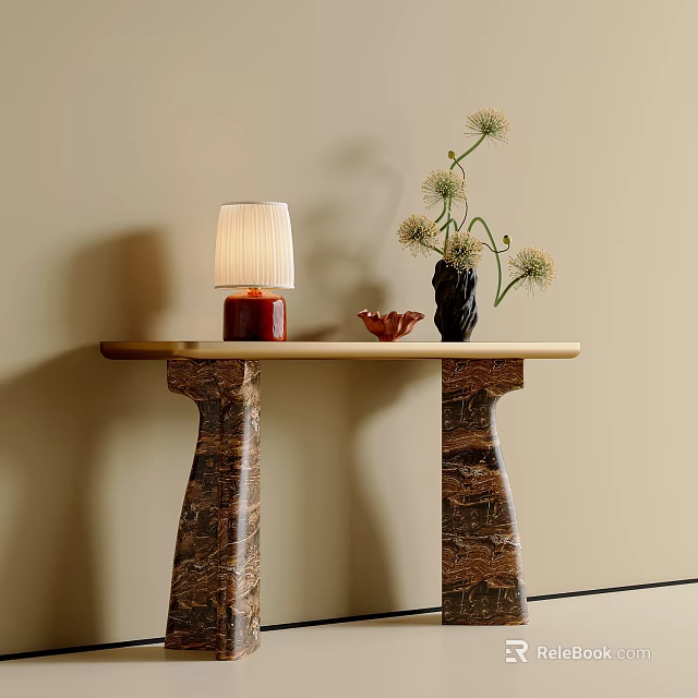 Modern Elegant Console Table in Entryway With Table Lamp Vase And Decorative Bowl 3d model 