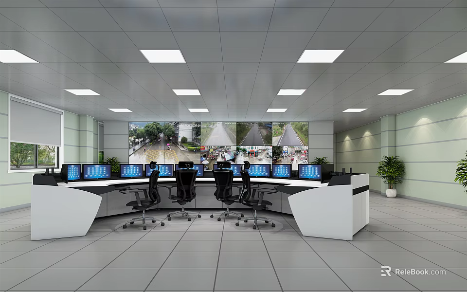 Modern Monitoring Room with Multiple Surveillance Screens Control Desks and Office Chairs 3d model 