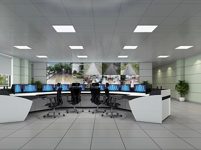Modern Monitoring Room with Multiple Surveillance Screens Control Desks and Office Chairs 3d model