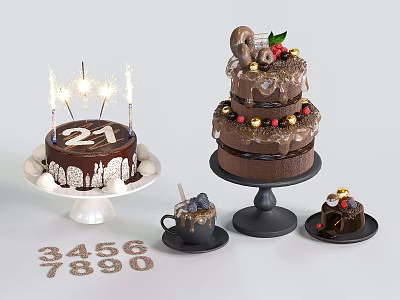 Chocolate Birthday Cakes With 21 Candles Sparklers Layered Design Number Candles Drink And Small Dessert 3d model