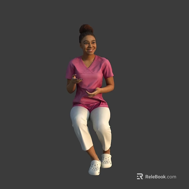 Happy Woman In Pink Scrub Uniform Sitting And Gesturing With Hands 3d model 