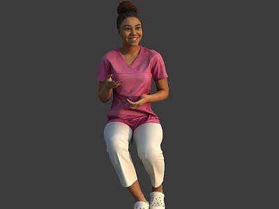 Happy Woman In Pink Scrub Uniform Sitting And Gesturing With Hands 3d model