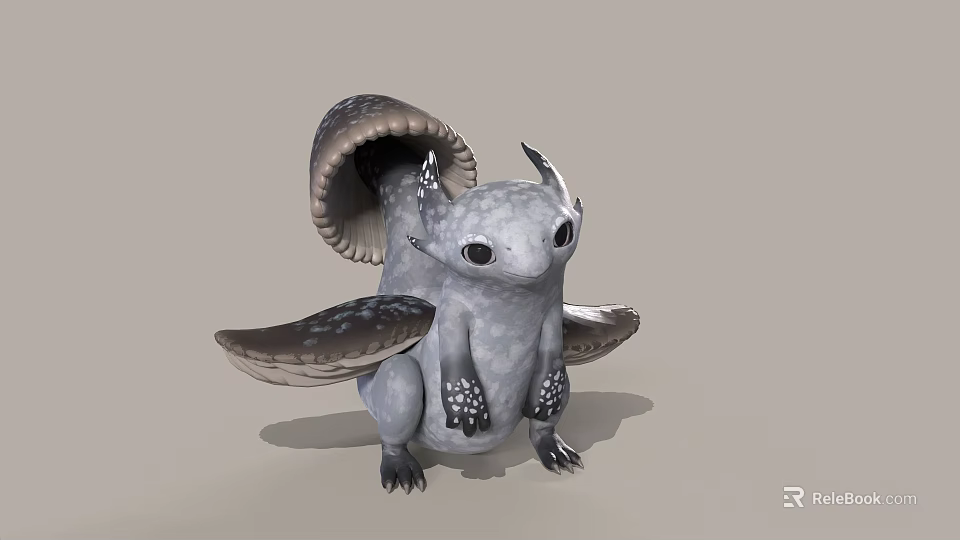 3D Fantasy Creature Model With Gray Body Large Eyes Spotted Wings Shell Back And Claws 3d model 