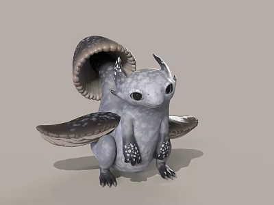 3D Fantasy Creature Model With Gray Body Large Eyes Spotted Wings Shell Back And Claws 3d model